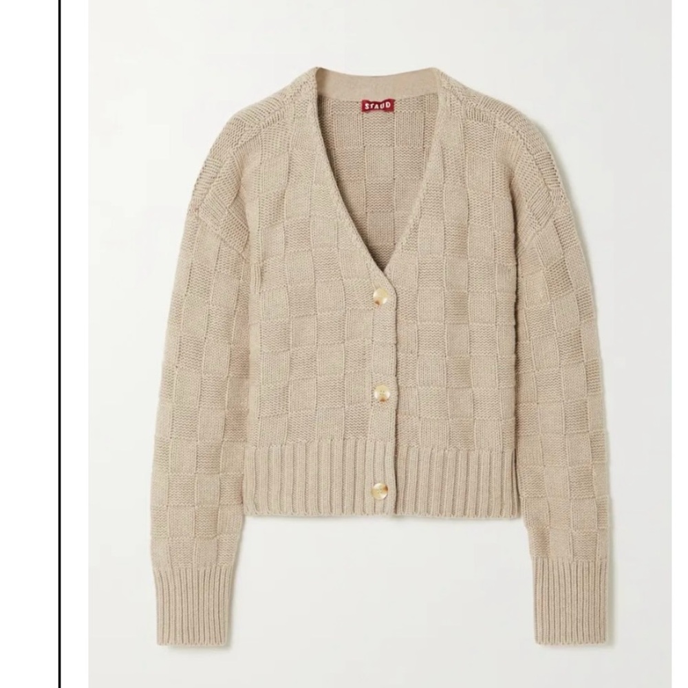 STAUD Lake camel tan Beige Knit checkered check Cardigan L sweater